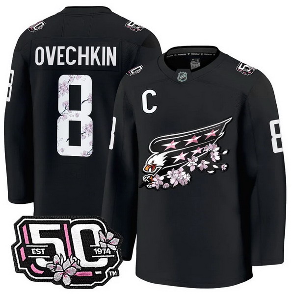 Men's Washington Capitals #8 Alex Ovechkin 50th Anniversary Cherry Blossom Premium Black Jersey - All Stitched