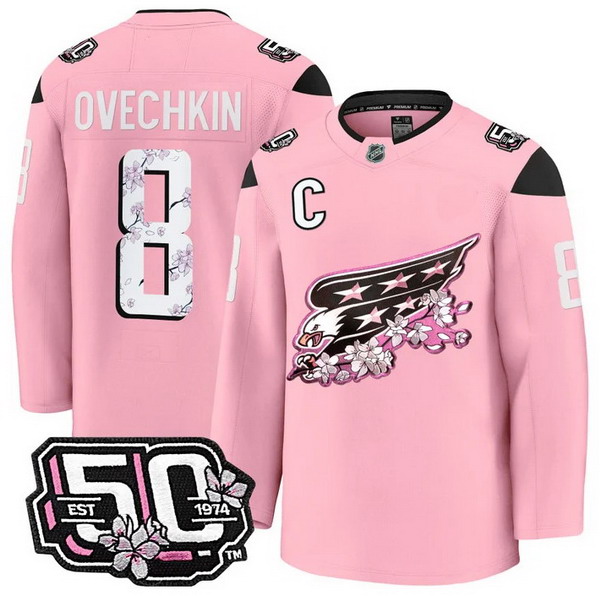 Men's Washington Capitals #8 Alex Ovechkin 50th Anniversary Cherry Blossom Premium Pink Jersey - All Stitched