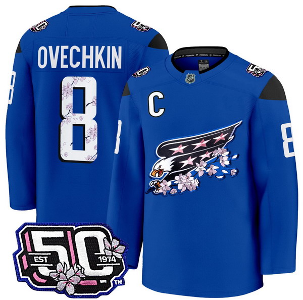 Men's Washington Capitals #8 Alex Ovechkin 50th Anniversary Cherry Blossom Premium Royal Jersey - All Stitched