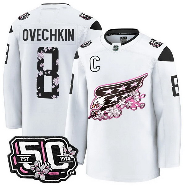 Men's Washington Capitals #8 Alex Ovechkin 50th Anniversary Cherry Blossom Premium White Jersey - All Stitched