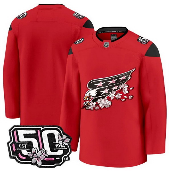 Men's Washington Capitals Team 50th Anniversary Cherry Blossom Premium Red Jersey - All Stitched