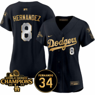 Women's Los Angeles Dodgers #8 Enrique Hernandez Black Gold 2024 World Series Champions & Fernando Memorial Patch Limited Stitched Baseball Jersey(Run Small)