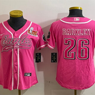 Women's Philadelphia Eagles #26 Saquon Barkley Pink 2025 Super Bowl LIX Patch Cool Base Stitched Baseball Jersey(Run Small)