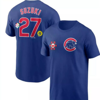 Men's Chicago Cubs #27 Seiya Suzuki Blue 2025 Tokyo Series Name & Number T-Shirt