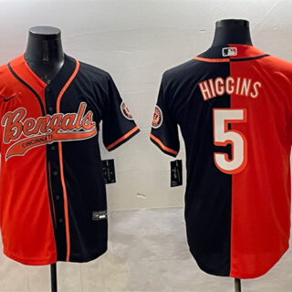 Men's Cincinnati Bengals #5 Tee Higgins Orange Black Split With Patch Cool Base Stitched Baseball Jersey
