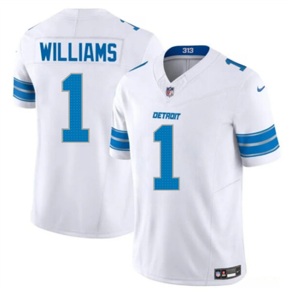 Men's Detroit Lions #1 Jameson Williams White 2025 F.U.S.E. Vapor Limited Stitched Jersey