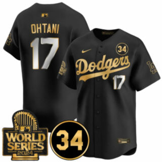 Men's Los Angeles Dodgers #17 Shohei Ohtani Black Gold 2024 World Series & #34 Fernando Patch Vapor Limited Stitched Baseball Jersey