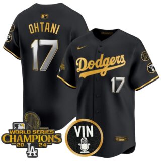 Men's Los Angeles Dodgers #17 Shohei Ohtani Black Gold 2024 World Series Champions With Vin Scully & Fernando Patch Vapor Limited Stitched Baseball Jersey