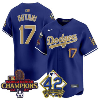 Men's Los Angeles Dodgers #17 Shohei Ohtani Royal Gold 2024 World Series Champions & #42 Jackie Robinson Patch Vapor Limited Stitched Baseball Jersey