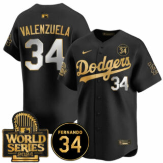 Men's Los Angeles Dodgers #34 Fernando Valenzuela Black Gold 2024 World Series With Fernando Patch Vapor Limited Stitched Baseball Jersey