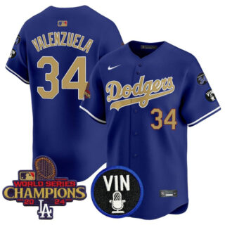 Men's Los Angeles Dodgers #34 Fernando Valenzuela Royal Gold 2024 World Series Champions With Vin Scully & #34 Fernando Patch Vapor Limited Stitched Baseball Jersey