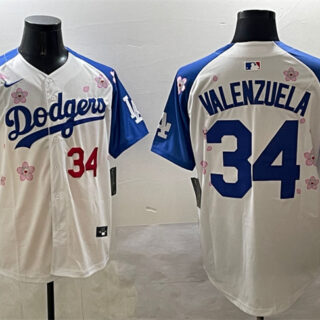 Men's Los Angeles Dodgers #34 Fernando Valenzuela White Royal 2025 Tokyo Series Limited Stitched Baseball Jersey