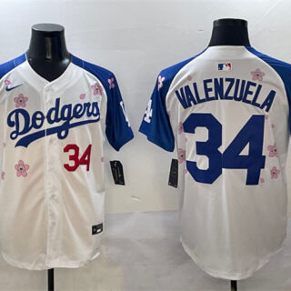 Men's Los Angeles Dodgers #34 Fernando Valenzuela White Royal 2025 Tokyo Series Limited Stitched Baseball Jersey