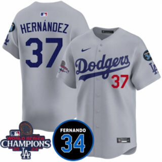 Men's Los Angeles Dodgers #37 Teoscar Hernandez Gray 2024 World Series Champions With Fernando Memorial Patch Vapor Premier Limited Stitched Baseball Jersey