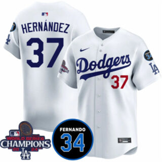 Men's Los Angeles Dodgers #37 Teoscar Hernandez White 2024 World Series Champions With Fernando Memorial Patch Vapor Premier Home Limited Stitched Baseball Jersey