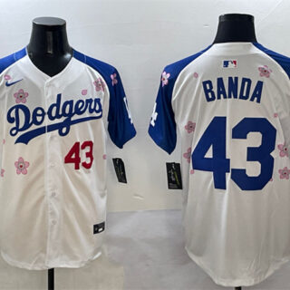 Men's Los Angeles Dodgers #43 Anthony Banda White Royal 2025 Tokyo Series Limited Stitched Baseball Jersey