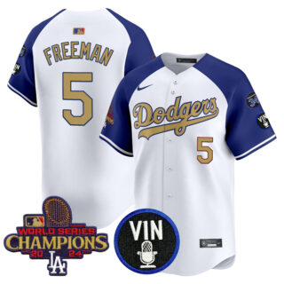 Men's Los Angeles Dodgers #5 Freddie Freeman White Royal Gold 2024 World Series Champions With Vin Scully & #34 Fernando Patch Vapor Limited Stitched Baseball Jersey
