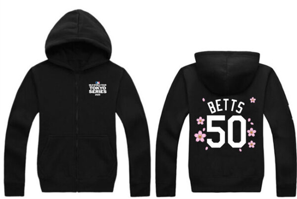 Men's Los Angeles Dodgers #50 Mookie Betts Black 2025 Tokyo Series Full-Zip Hoodie