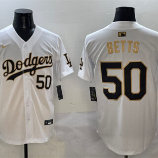 Men's Los Angeles Dodgers #50 Mookie Betts White Gold Limited Stitched Baseball Jersey