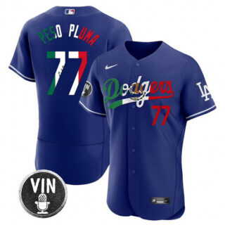 Men's Los Angeles Dodgers #77 Pezo Pluma Royal Mexico Special Vin Scully Patch Flex Base Stitched Baseball Jersey