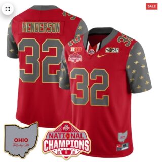 Men's Ohio State Buckeyes 2024 National Champions Limited Gold Jersey N1 Red Treveyon Henderson 32