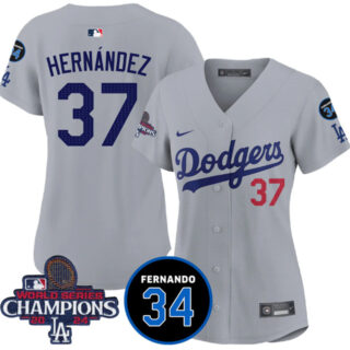 Women's Los Angeles Dodgers #37 Teoscar Hernandez Gray 2024 World Series Champions With Fernando Memorial Patch Vapor Premier Limited Stitched Baseball Jersey(Run Small)