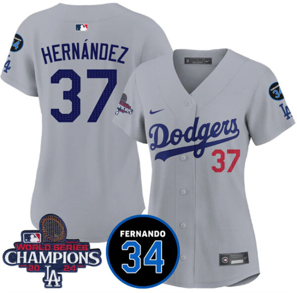 Women's Los Angeles Dodgers #37 Teoscar Hernandez Gray 2024 World Series Champions With Fernando Memorial Patch Vapor Premier Limited Stitched Baseball Jersey(Run Small)