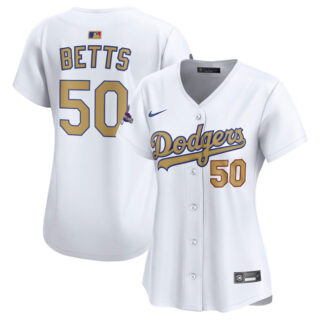 Women's Los Angeles Dodgers #50 Mookie Betts White 2025 Gold Collection Limited Stitched Baseball Jersey(Run Small)