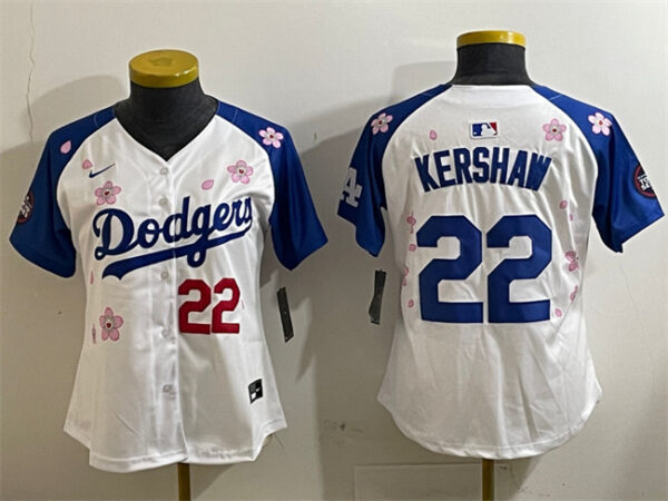Youth Los Angeles Dodgers #22 Clayton Kershaw White Royal 2025 Tokyo Series Limited Stitched Baseball Jersey