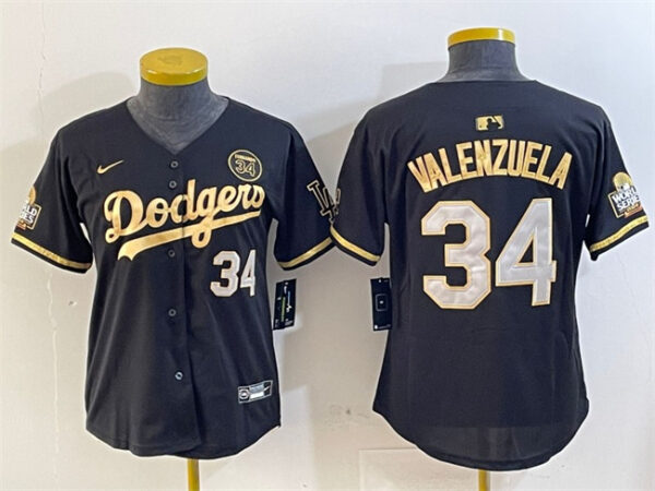 Youth Los Angeles Dodgers #34 Fernando Valenzuela Black Gold 2024 World Series With Fernando Patch Vapor Limited Stitched Baseball Jersey