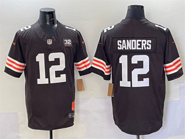 Men's Cleveland Browns #12 Shedeur Sanders Brown 2025 Draft F.U.S.E. With Jim Brown Memorial & Home Patch Vapor Limited Stitched Football Jersey