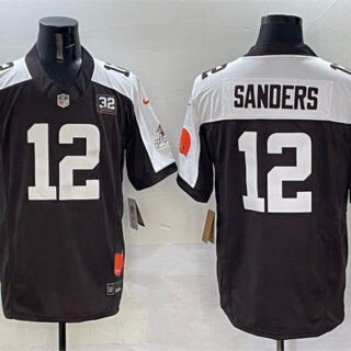 Men's Cleveland Browns #12 Shedeur Sanders Brown White 2025 Draft F.U.S.E. With Jim Brown Memorial & Home Patch Vapor Limited Stitched Football Jersey