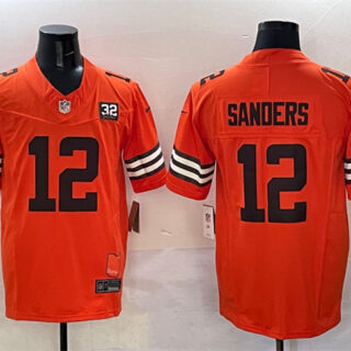 Men's Cleveland Browns #12 Shedeur Sanders Orange 2025 Draft F.U.S.E. With Jim Brown Memorial & Home Patch Vapor Limited Stitched Football Jersey