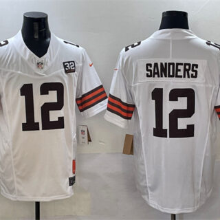 Men's Cleveland Browns #12 Shedeur Sanders White 2025 Draft F.U.S.E. With Jim Brown Memorial & Home Patch Vapor Limited Stitched Football Jersey