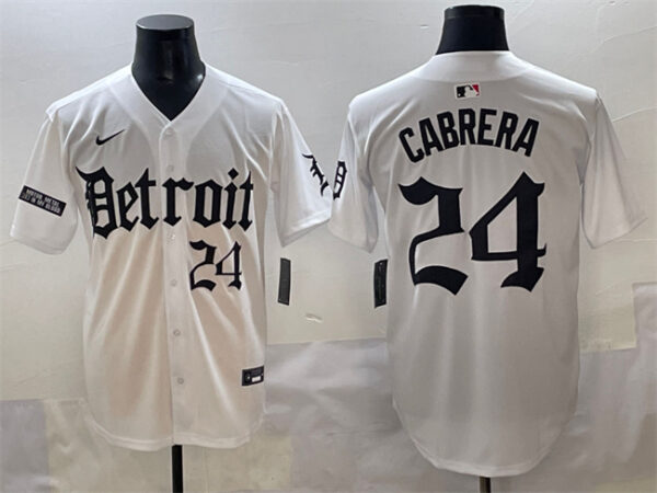 Men's Detroit Tigers #24 Miguel Cabrera White 'Motor Gothic Edition' Vapor Premier Limited Stitched Baseball Jersey fanswish.net