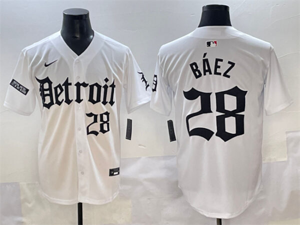 Men's Detroit Tigers #28 Javier Baez White 'Motor Gothic Edition' Vapor Premier Limited Stitched Baseball Jersey