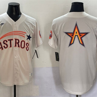 Men's Houston Astros Team Big Logo Cream Throwback Cooperstown Collection Limited Stitched Baseball Jersey 005
