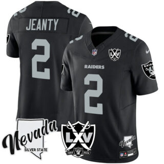 Men's Las Vegas Raiders #2 Ashton Jeanty Black 2025 Draft F.U.S.E. With Nevada Silver Stat Patch And 65th Anniversary Patch Stitched Football Jersey