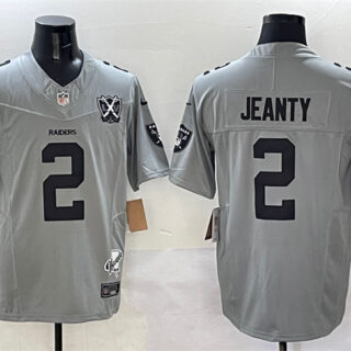 Men's Las Vegas Raiders #2 Ashton Jeanty Gray 2025 Draft F.U.S.E. With Nevada Silver Stat Patch And 65th Anniversary Patch Stitched Football Jersey