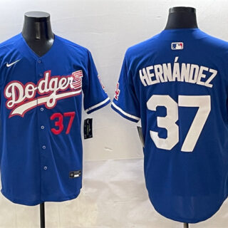 Men's Los Angeles Dodgers #37 Teoscar Hernandez Royal With American Flag Patch Limited Stitched Baseball Jersey