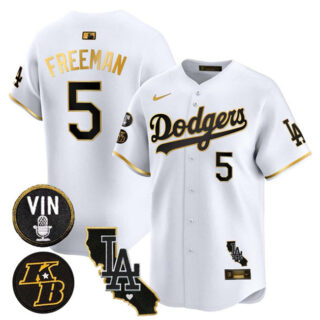 Men's Los Angeles Dodgers #5 Freddie Freeman White Gold 2025 Vin & Kobe Patch V2 Vapor Limited Stitched Baseball Jersey