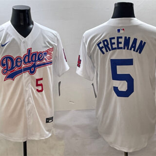 Men's Los Angeles Dodgers #5 Freddie Freeman White With American Flag Patch Limited Stitched Baseball Jersey