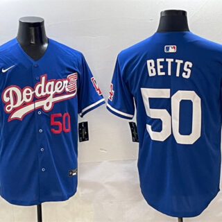 Men's Los Angeles Dodgers #50 Mookie Betts Royal With American Flag Patch Limited Stitched Baseball Jersey