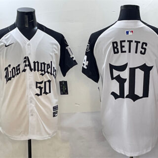 Men's Los Angeles Dodgers #50 Mookie Betts White Black Mexico 2025 LA Gothic Style With Fernando Patch Vapor Premier Limited Stitched Baseball Jersey