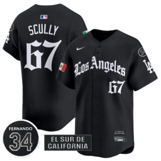 Men's Los Angeles Dodgers #67 Vin Scully Black Mexico 2025 LA Gothic Style With Fernando Patch Vapor Premier Limited Stitched Baseball Jersey