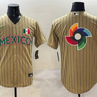 Men's Mexico Baseball Tan 2023 World Baseball Classic Team Big Logo Stitched Jersey