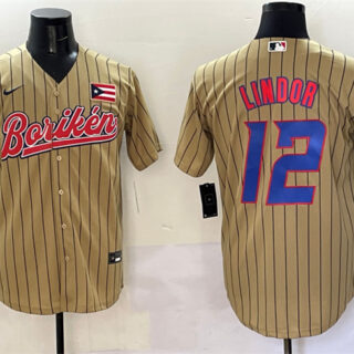 Men's Puerto Rico Baseball #12 Francisco Lindor Tan 2023 World Baseball Classic Stitched Jersey