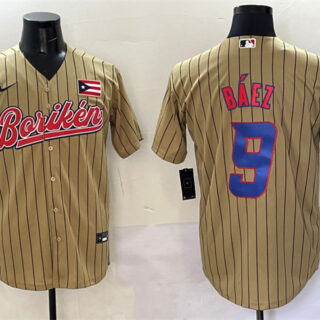 Men's Puerto Rico Baseball #9 Javier Baez Tan 2023 World Baseball Classic Stitched Jersey