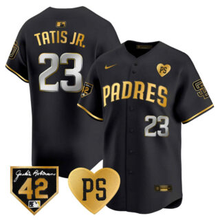 Men's San Diego Padres #23 Fernando Tatis Jr. Black Gold 'For Peter' & Robinson Patch Limited Stitched Baseball Jersey