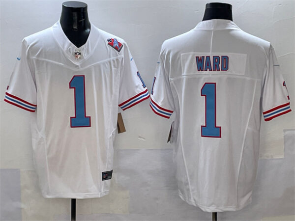 Men's Tennessee Titans #1 Cameron Ward White 2025 Draft F.U.S.E. 1997 Throwback Patch Vapor Limited Stitched Football Jersey
